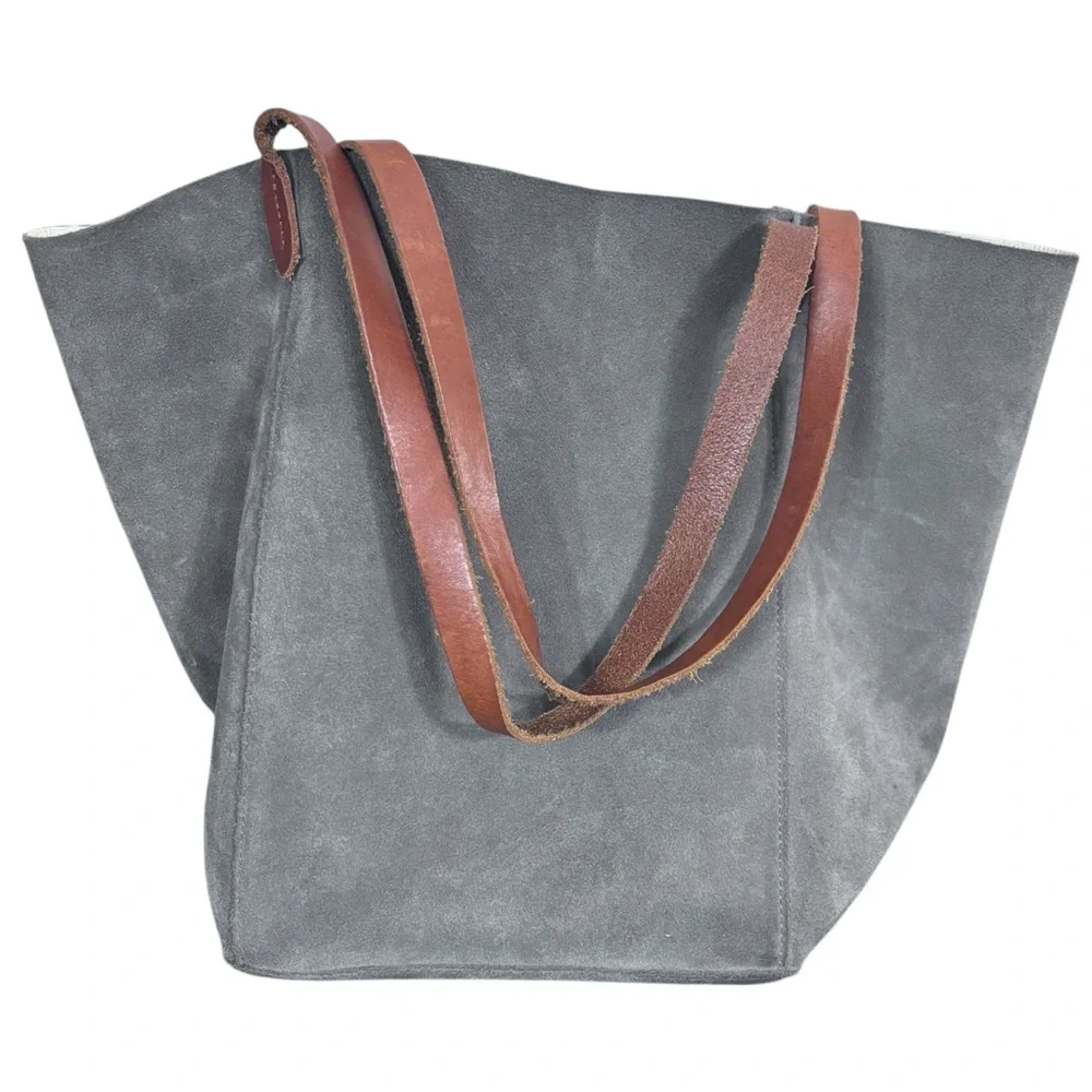Mark And Graham Large Gray Suede Leather Purse Tote Brown Strap Shopper Bag